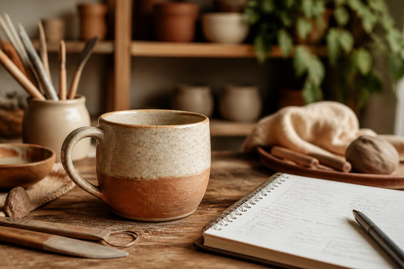 Caneca artesanal de cerâmica em tons terrosos sobre mesa de madeira com caderno de anotações